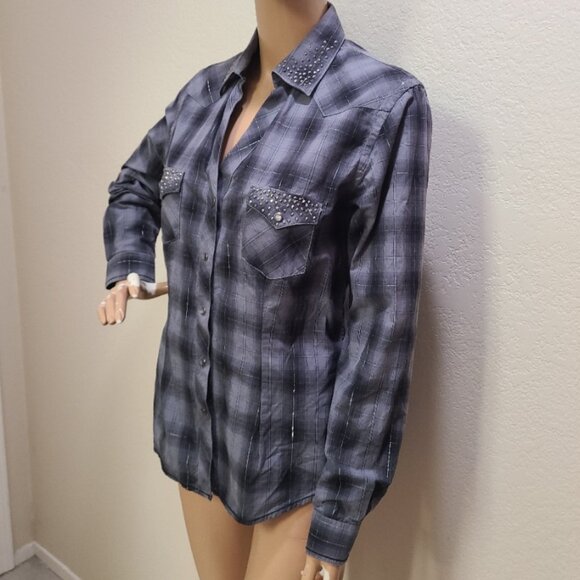 PANHANDLE ROUGH STOCK women's WESTERN SHIRT COWGIRL LUREX RHINESTONES SNAPS sz M - Picture 4 of 6